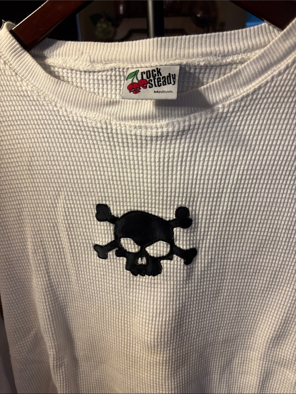 RockSteady White Women's Thermal Top with Black Skull Patch